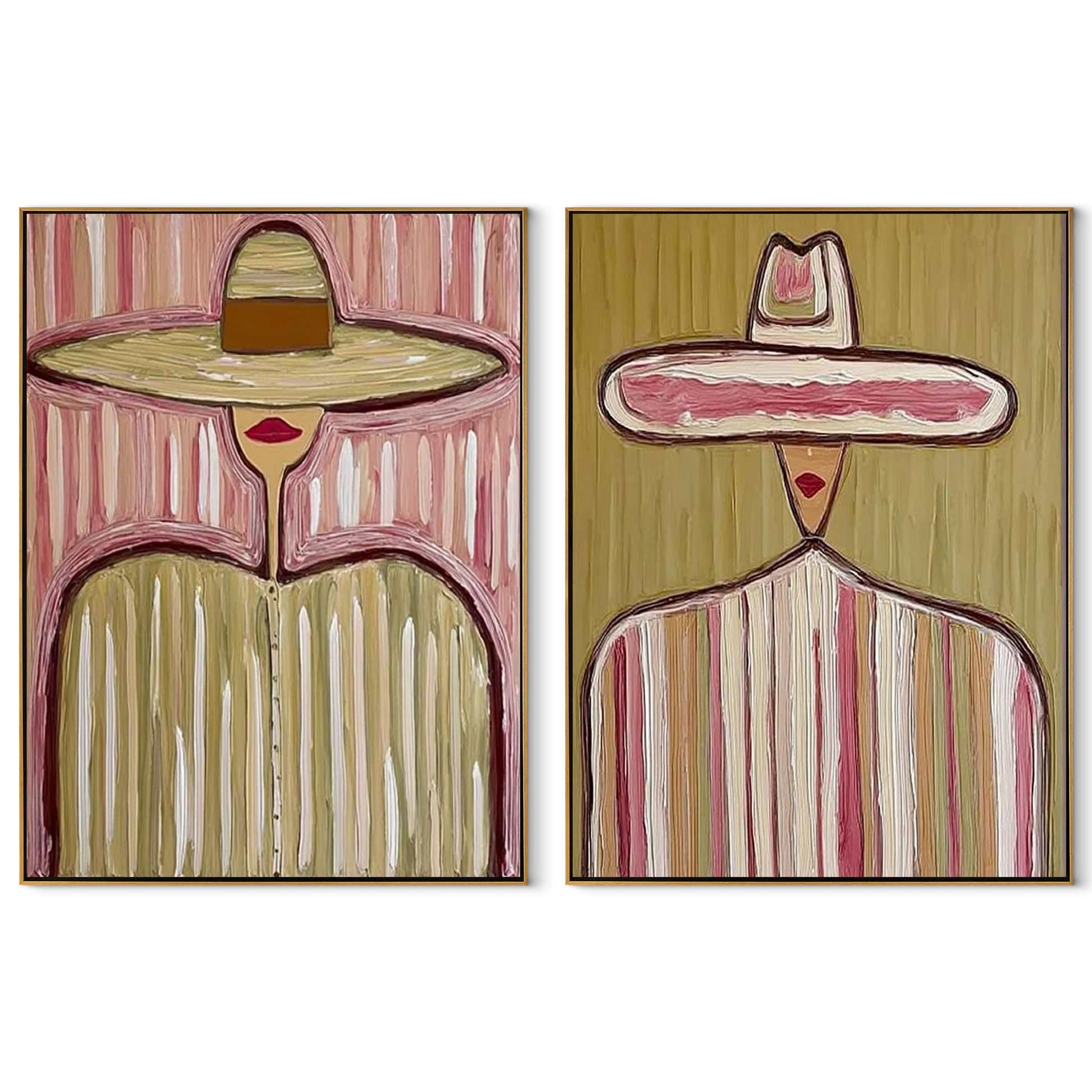 Sombrero Crowns Share Rose - tall sombrero figure by Elliot Vale, modern figurative set of 2 wall art - complete two-panel artwork set on white background