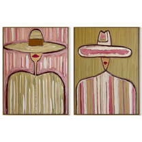 Sombrero Crowns Share Rose - tall sombrero figure by Elliot Vale, modern figurative set of 2 wall art - complete two-panel artwork set on white background