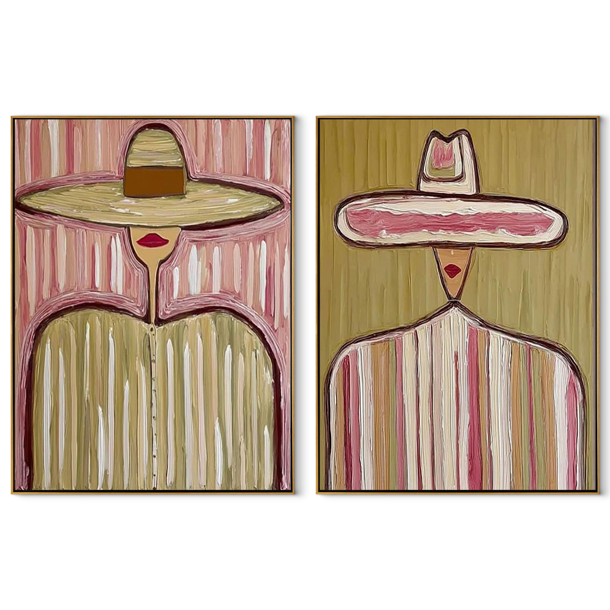 Sombrero Crowns Share Rose - tall sombrero figure by Elliot Vale, modern figurative set of 2 wall art - complete two-panel artwork set on white background