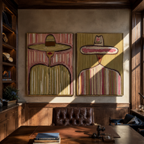Sombrero Crowns Share Rose - tall sombrero figure by Elliot Vale, modern figurative set of 2 wall art - styled room scene view 2