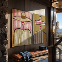 Sombrero Crowns Share Rose - tall sombrero figure by Elliot Vale, modern figurative set of 2 wall art - styled room scene view 3