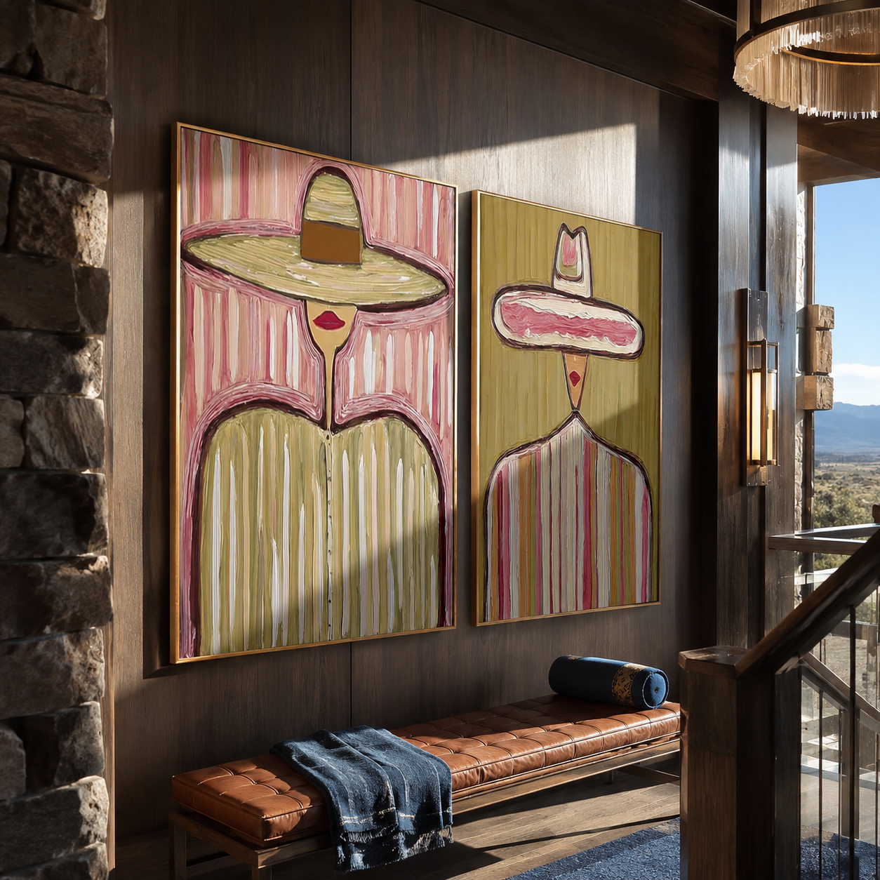 Sombrero Crowns Share Rose - tall sombrero figure by Elliot Vale, modern figurative set of 2 wall art - styled room scene view 3