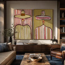 Sombrero Crowns Share Rose - tall sombrero figure by Elliot Vale, modern figurative set of 2 wall art - styled room scene view 4