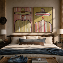 Sombrero Crowns Share Rose - tall sombrero figure by Elliot Vale, modern figurative set of 2 wall art - styled room scene view 5