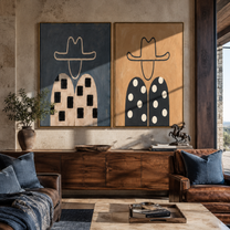 Checks Meet Falling Dots - patterned cowboy portrait by Elliot Vale, modern figurative set of 2 wall art - styled room scene view 1