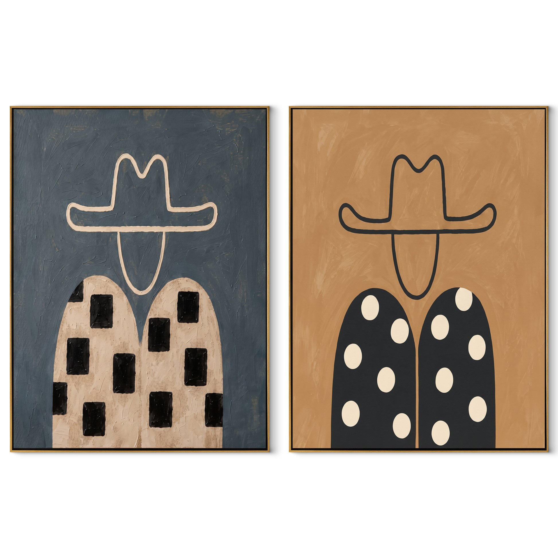 Checks Meet Falling Dots - patterned cowboy portrait by Elliot Vale, modern figurative set of 2 wall art - complete two-panel artwork set on white background