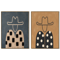 Checks Meet Falling Dots - patterned cowboy portrait by Elliot Vale, modern figurative set of 2 wall art - complete two-panel artwork set on white background