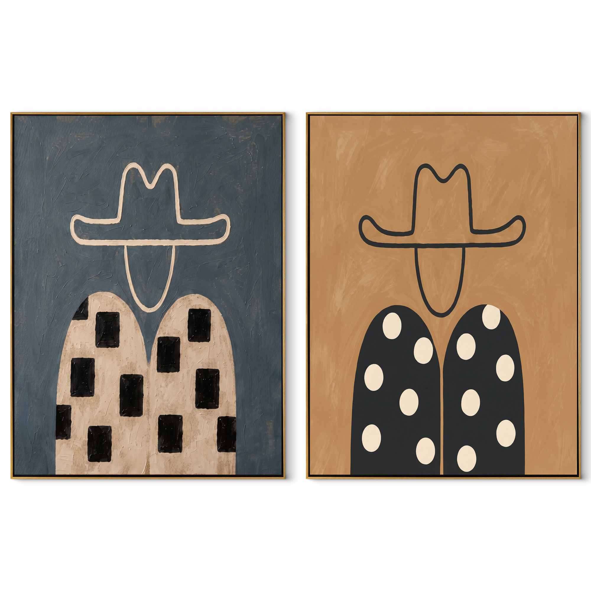 Checks Meet Falling Dots - patterned cowboy portrait by Elliot Vale, modern figurative set of 2 wall art - complete two-panel artwork set on white background