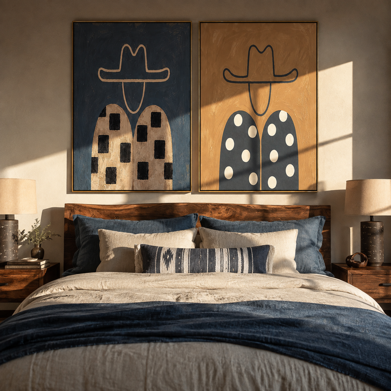 Checks Meet Falling Dots - patterned cowboy portrait by Elliot Vale, modern figurative set of 2 wall art - styled room scene view 2