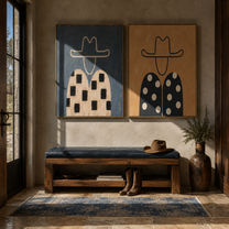 Checks Meet Falling Dots - patterned cowboy portrait by Elliot Vale, modern figurative set of 2 wall art - styled room scene view 3