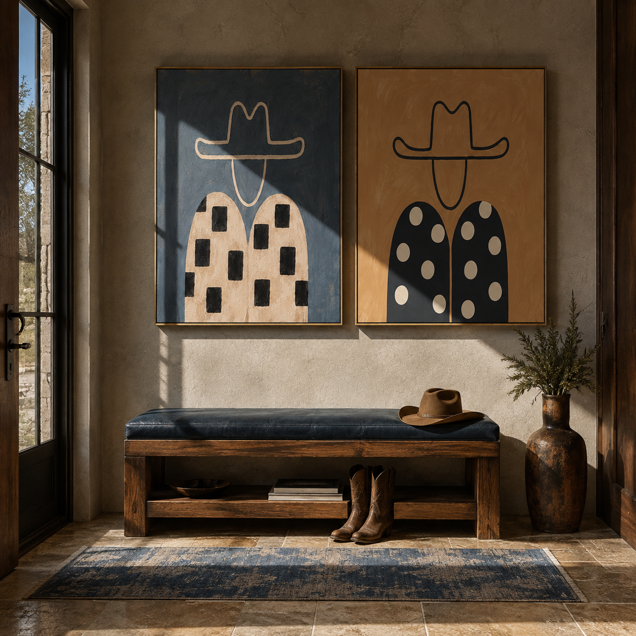 Checks Meet Falling Dots - patterned cowboy portrait by Elliot Vale, modern figurative set of 2 wall art - styled room scene view 3