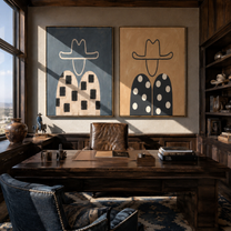 Checks Meet Falling Dots - patterned cowboy portrait by Elliot Vale, modern figurative set of 2 wall art - styled room scene view 4