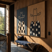 Checks Meet Falling Dots - patterned cowboy portrait by Elliot Vale, modern figurative set of 2 wall art - styled room scene view 5