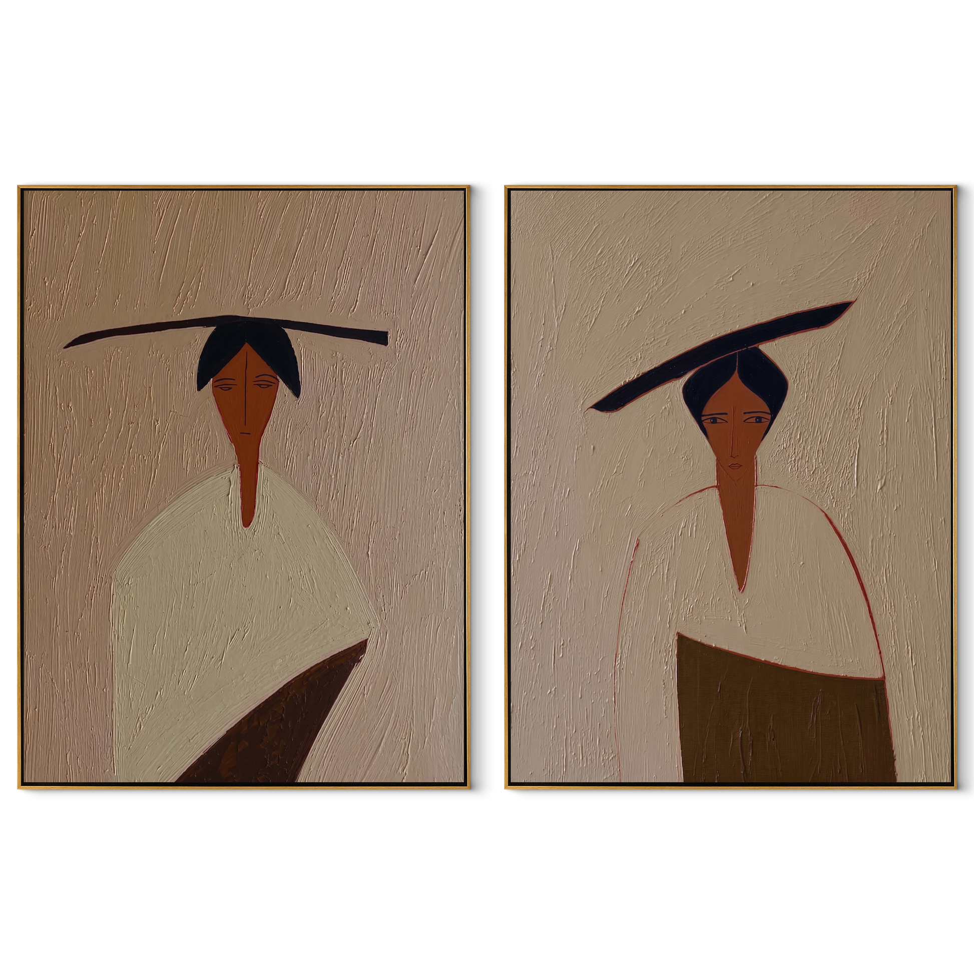 Slanted Brims Divide Linen - minimalist hat woman by Elliot Vale, modern figurative set of 2 wall art - complete two-panel artwork set on white background
