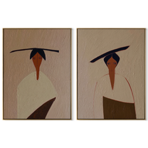 Slanted Brims Divide Linen - minimalist hat woman by Elliot Vale, modern figurative set of 2 wall art - complete two-panel artwork set on white background