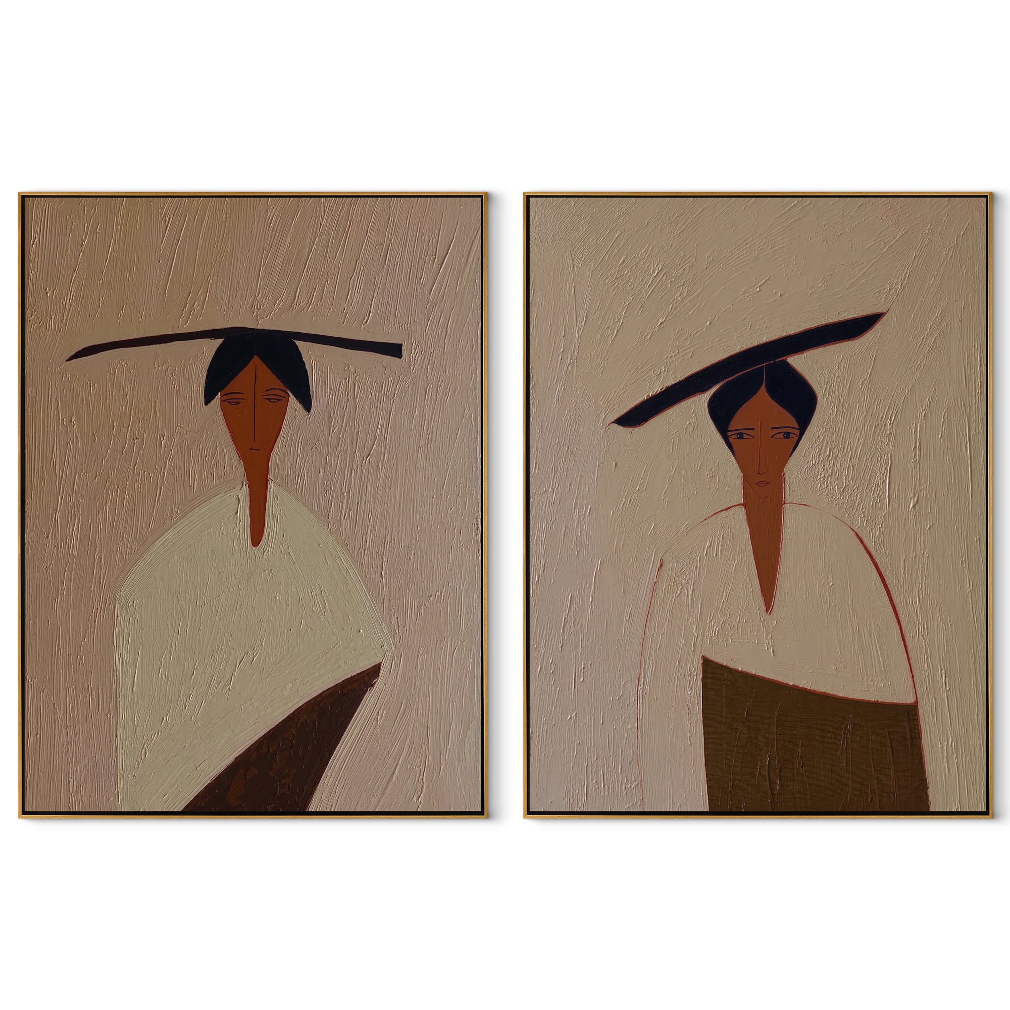 Slanted Brims Divide Linen - minimalist hat woman by Elliot Vale, modern figurative set of 2 wall art - complete two-panel artwork set on white background