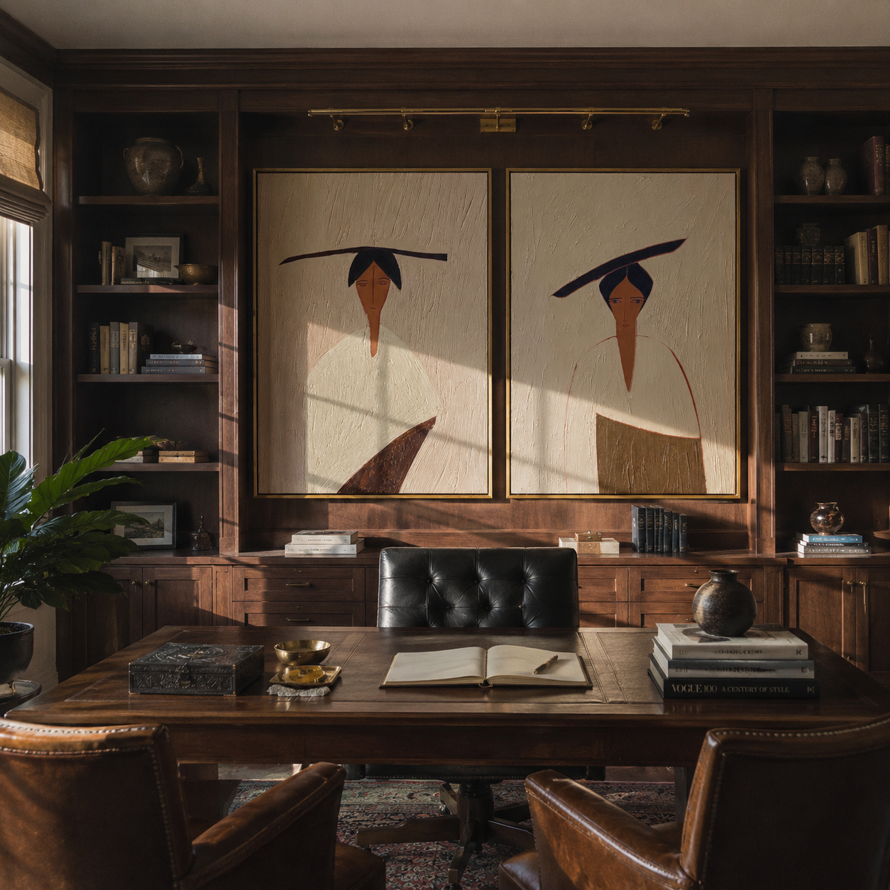 Slanted Brims Divide Linen - minimalist hat woman by Elliot Vale, modern figurative set of 2 wall art - styled room scene view 2