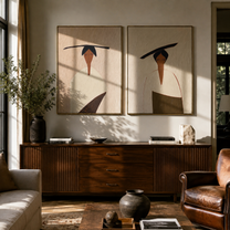 Slanted Brims Divide Linen - minimalist hat woman by Elliot Vale, modern figurative set of 2 wall art - styled room scene view 4