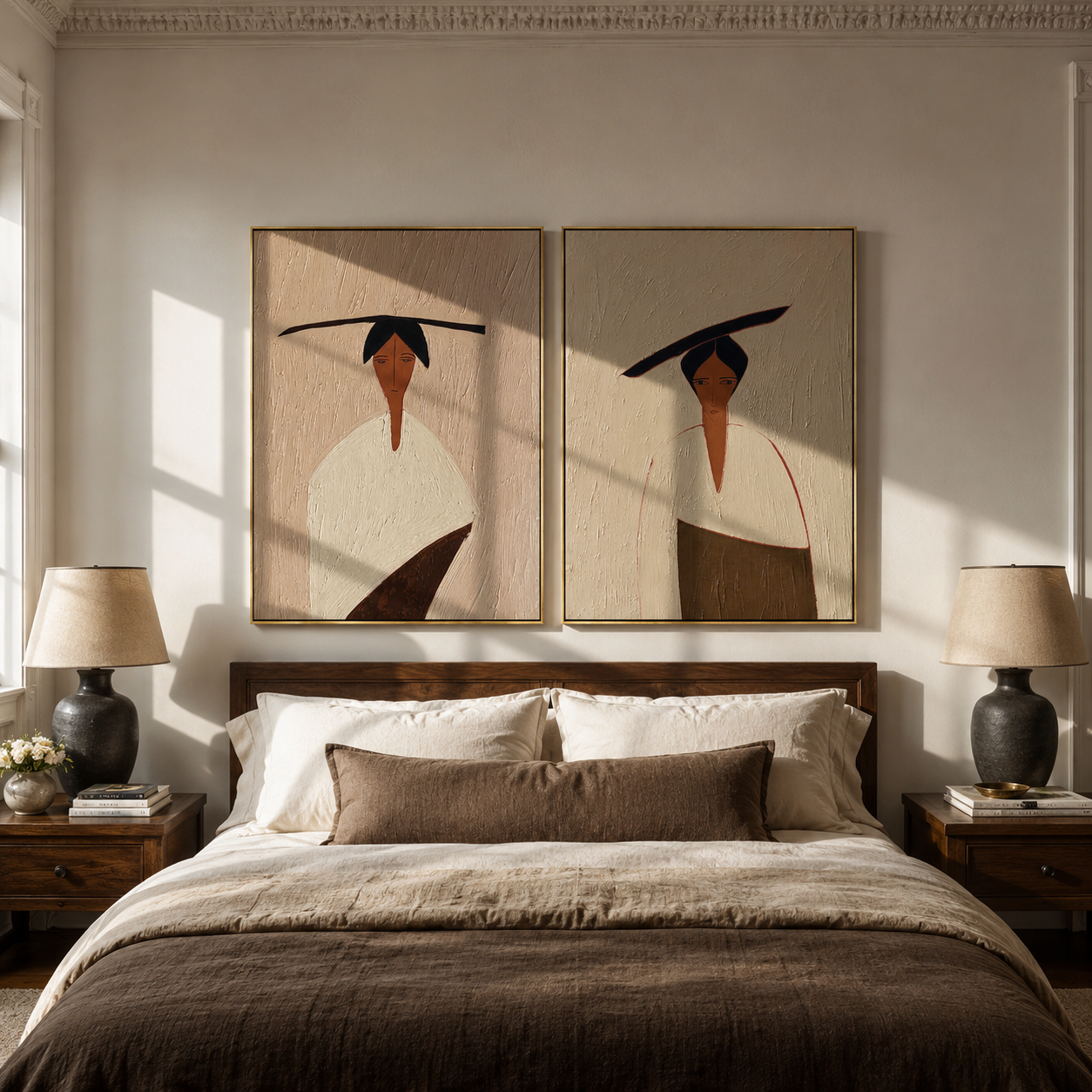 Slanted Brims Divide Linen - minimalist hat woman by Elliot Vale, modern figurative set of 2 wall art - styled room scene view 5