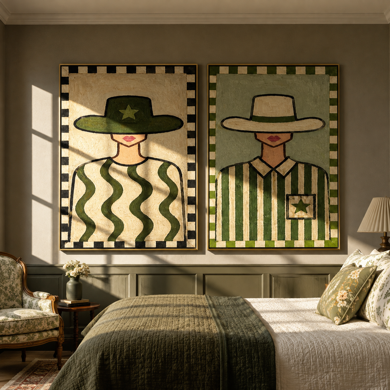 Green Waves Carry Stars - green patterned cowgirl by Elliot Vale, modern figurative set of 2 wall art - styled room scene view 1