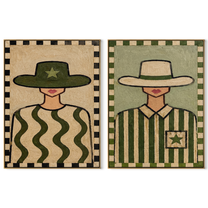 Green Waves Carry Stars - green patterned cowgirl by Elliot Vale, modern figurative set of 2 wall art - complete two-panel artwork set on white background