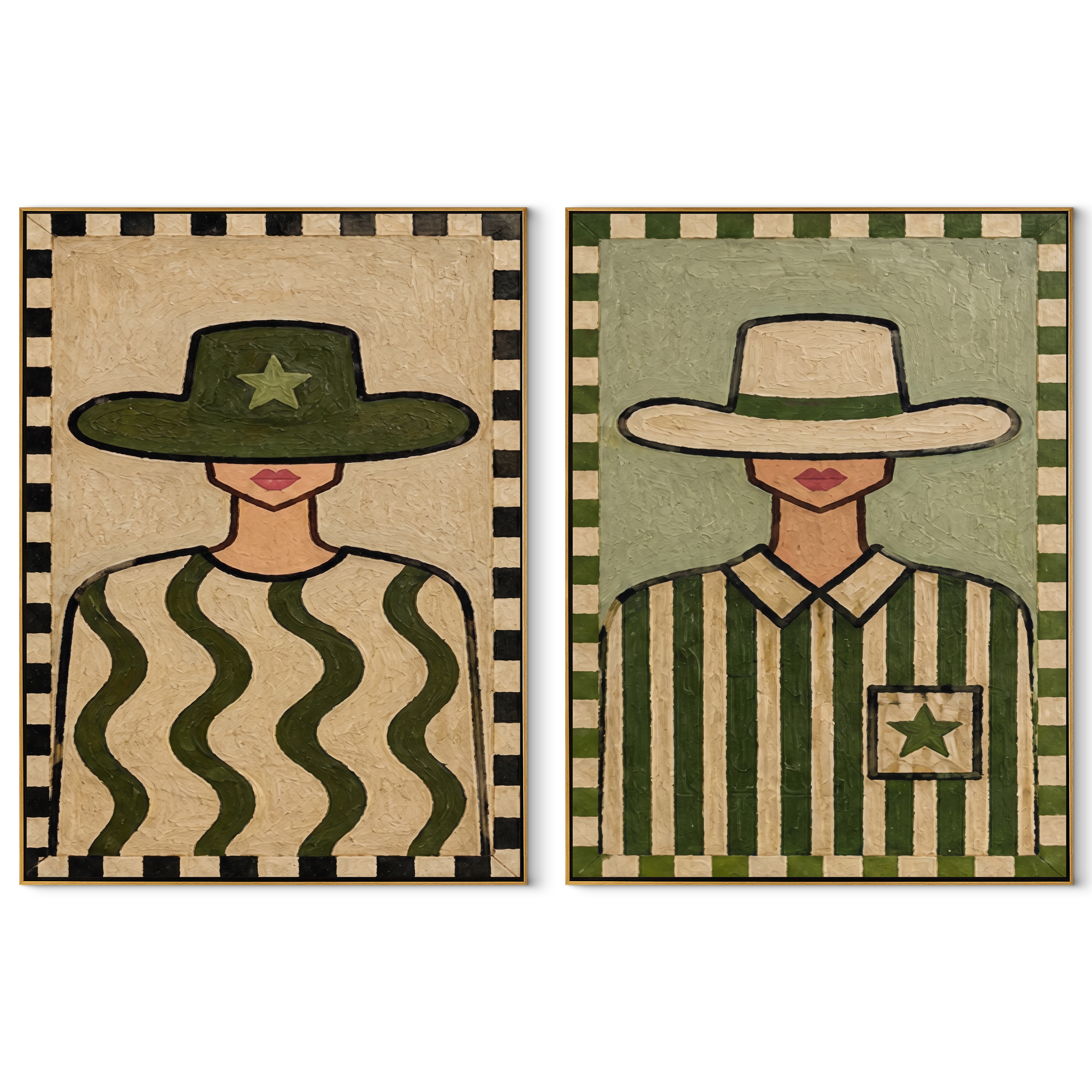 Green Waves Carry Stars - green patterned cowgirl by Elliot Vale, modern figurative set of 2 wall art - complete two-panel artwork set on white background