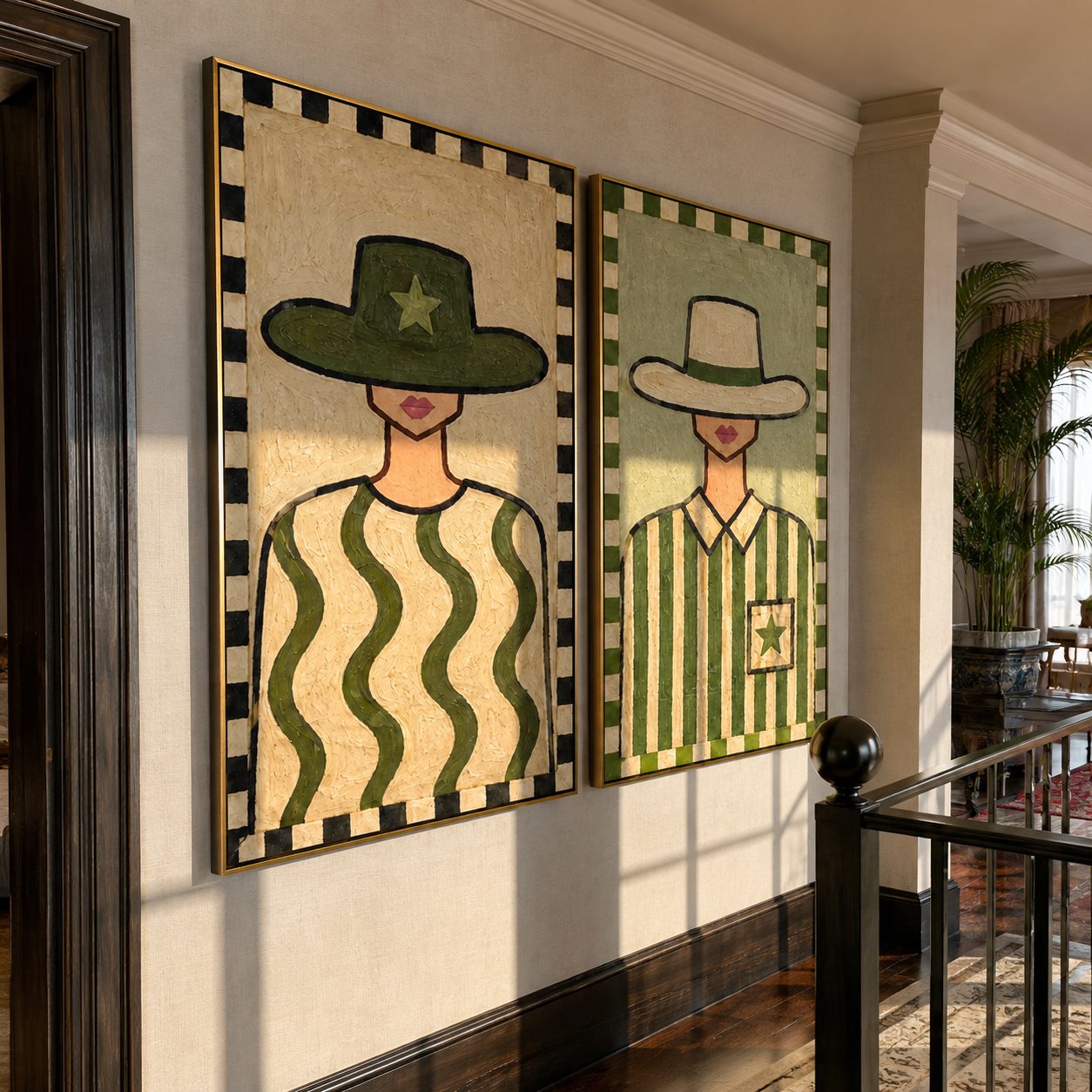 Green Waves Carry Stars - green patterned cowgirl by Elliot Vale, modern figurative set of 2 wall art - styled room scene view 2