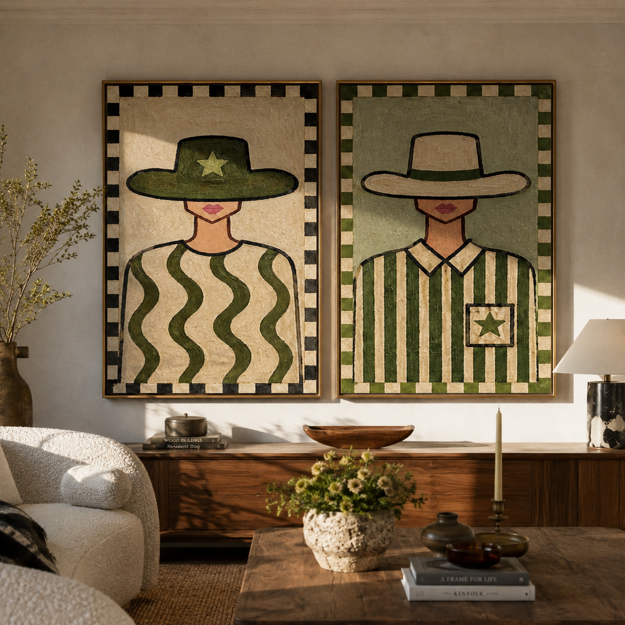 Green Waves Carry Stars - green patterned cowgirl by Elliot Vale, modern figurative set of 2 wall art - styled room scene view 3