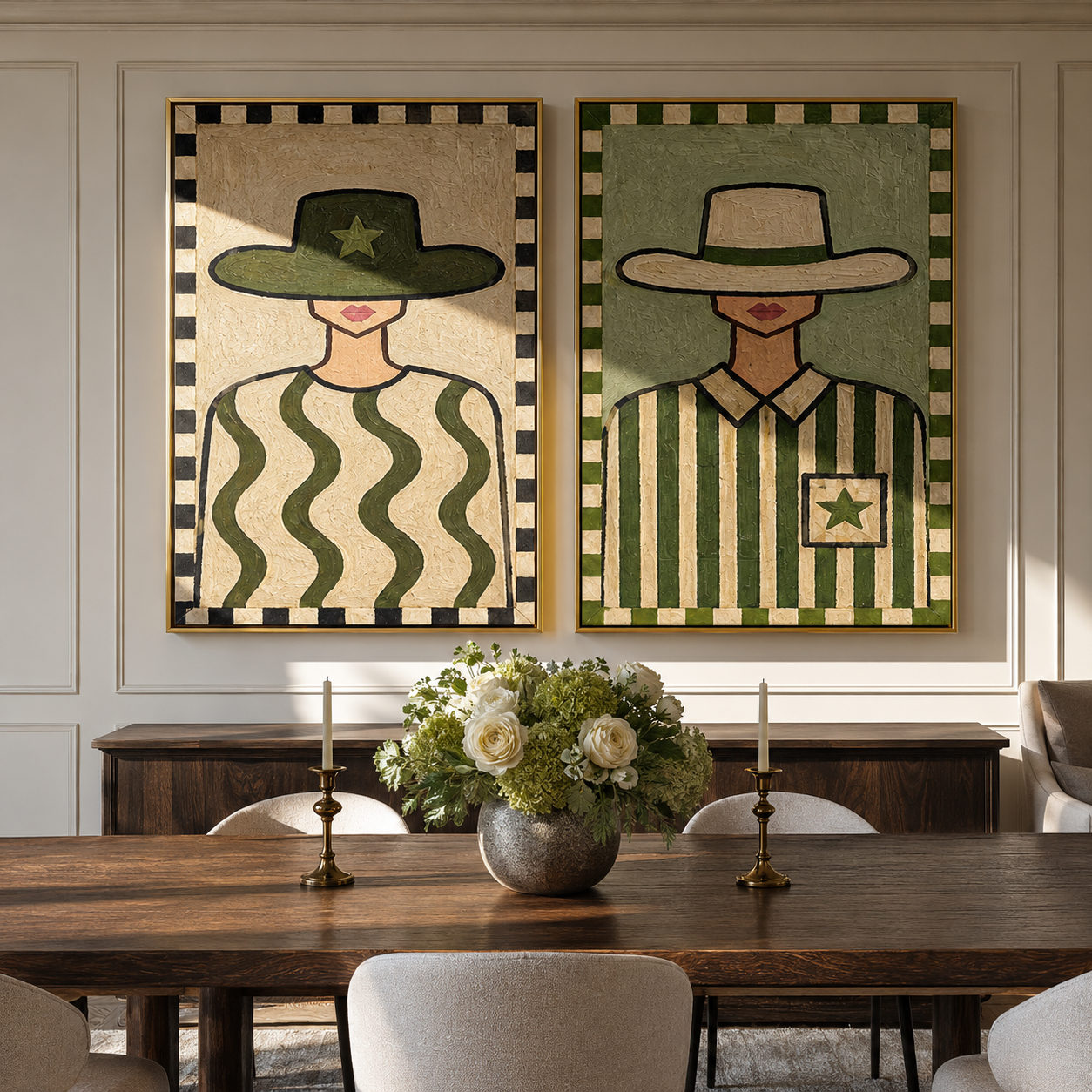 Green Waves Carry Stars - green patterned cowgirl by Elliot Vale, modern figurative set of 2 wall art - styled room scene view 4