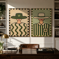 Green Waves Carry Stars - green patterned cowgirl by Elliot Vale, modern figurative set of 2 wall art - styled room scene view 5