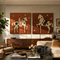 Star Riders Chase Moons - celestial horse rider by Elliot Vale, modern figurative set of 2 wall art - styled room scene view 1