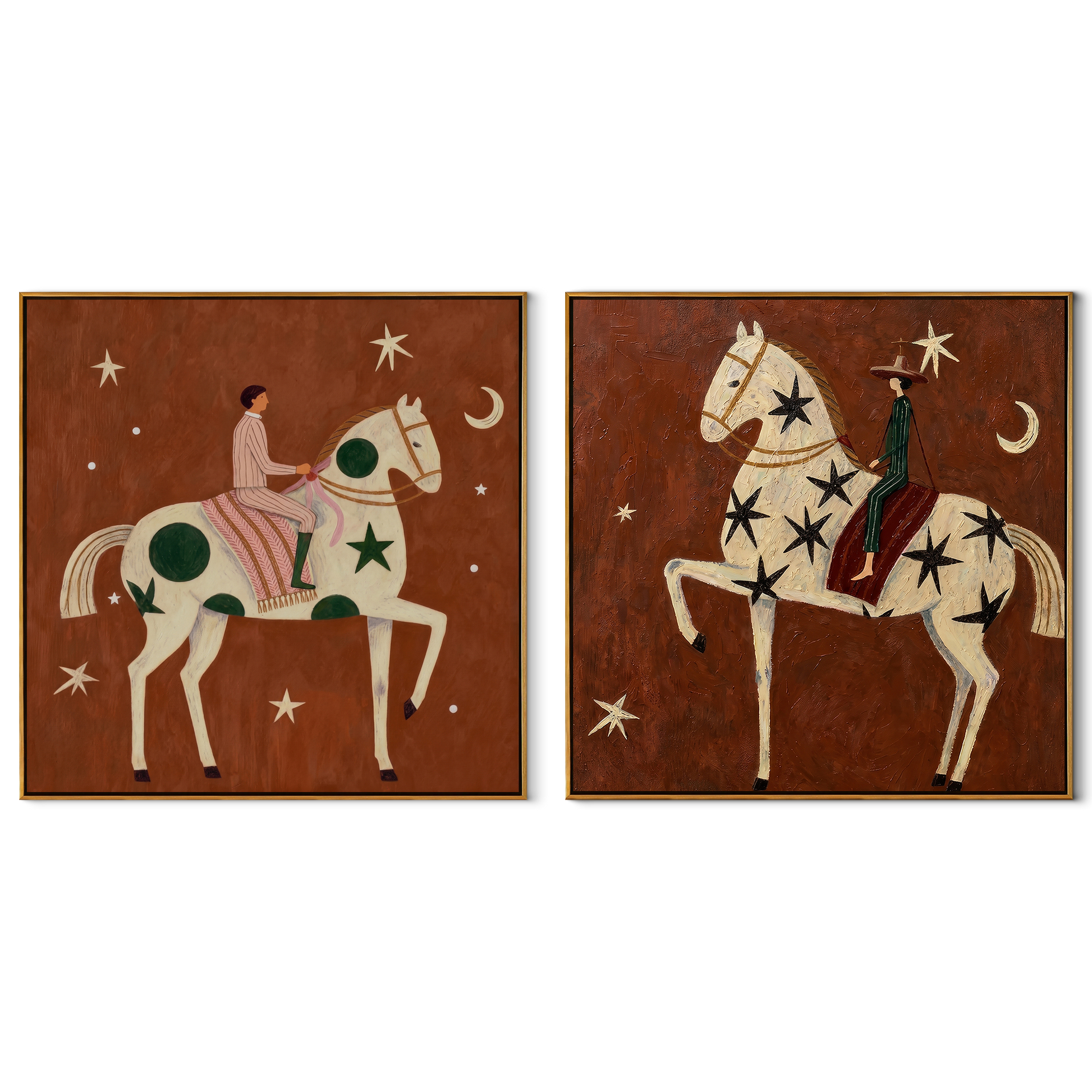 Star Riders Chase Moons - celestial horse rider by Elliot Vale, modern figurative set of 2 wall art - complete two-panel artwork set on white background