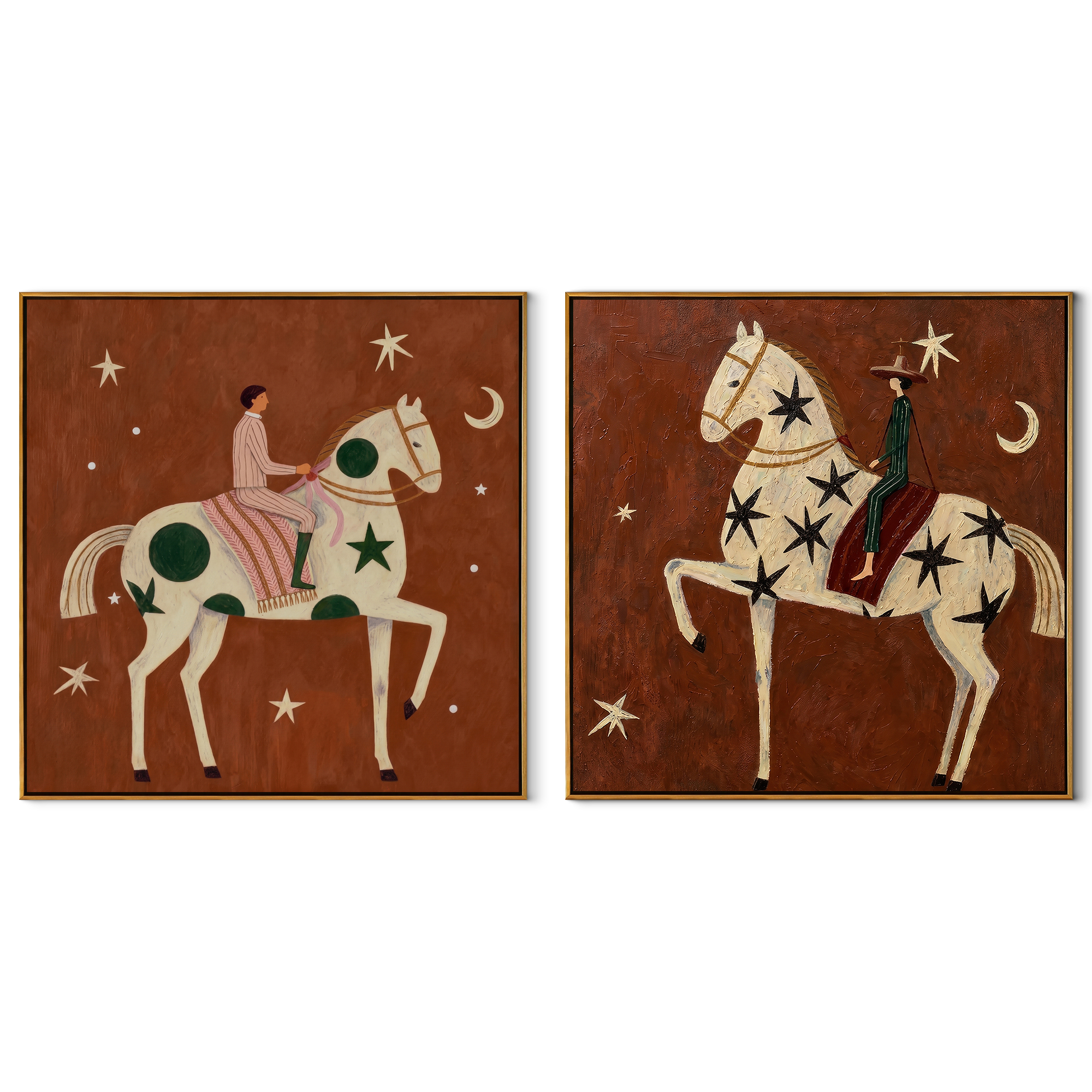 Star Riders Chase Moons - celestial horse rider by Elliot Vale, modern figurative set of 2 wall art - complete two-panel artwork set on white background