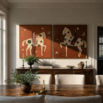 Star Riders Chase Moons - celestial horse rider by Elliot Vale, modern figurative set of 2 wall art - styled room scene view 2