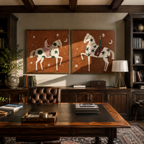 Star Riders Chase Moons - celestial horse rider by Elliot Vale, modern figurative set of 2 wall art - styled room scene view 3