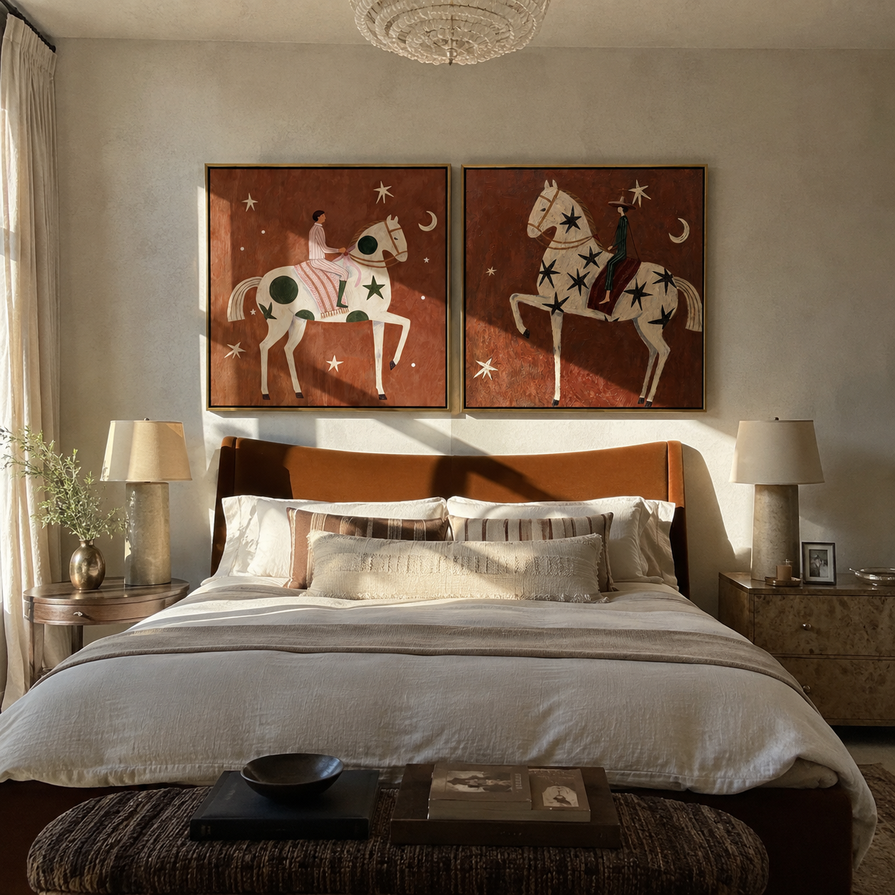 Star Riders Chase Moons - celestial horse rider by Elliot Vale, modern figurative set of 2 wall art - styled room scene view 4