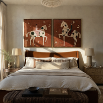 Star Riders Chase Moons - celestial horse rider by Elliot Vale, modern figurative set of 2 wall art - styled room scene view 4