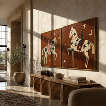 Star Riders Chase Moons - celestial horse rider by Elliot Vale, modern figurative set of 2 wall art - styled room scene view 5
