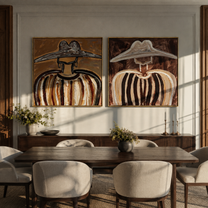 Dark Brims Mirror Linen - earthy sombrero portrait by Elliot Vale, modern figurative set of 2 wall art - styled room scene view 1