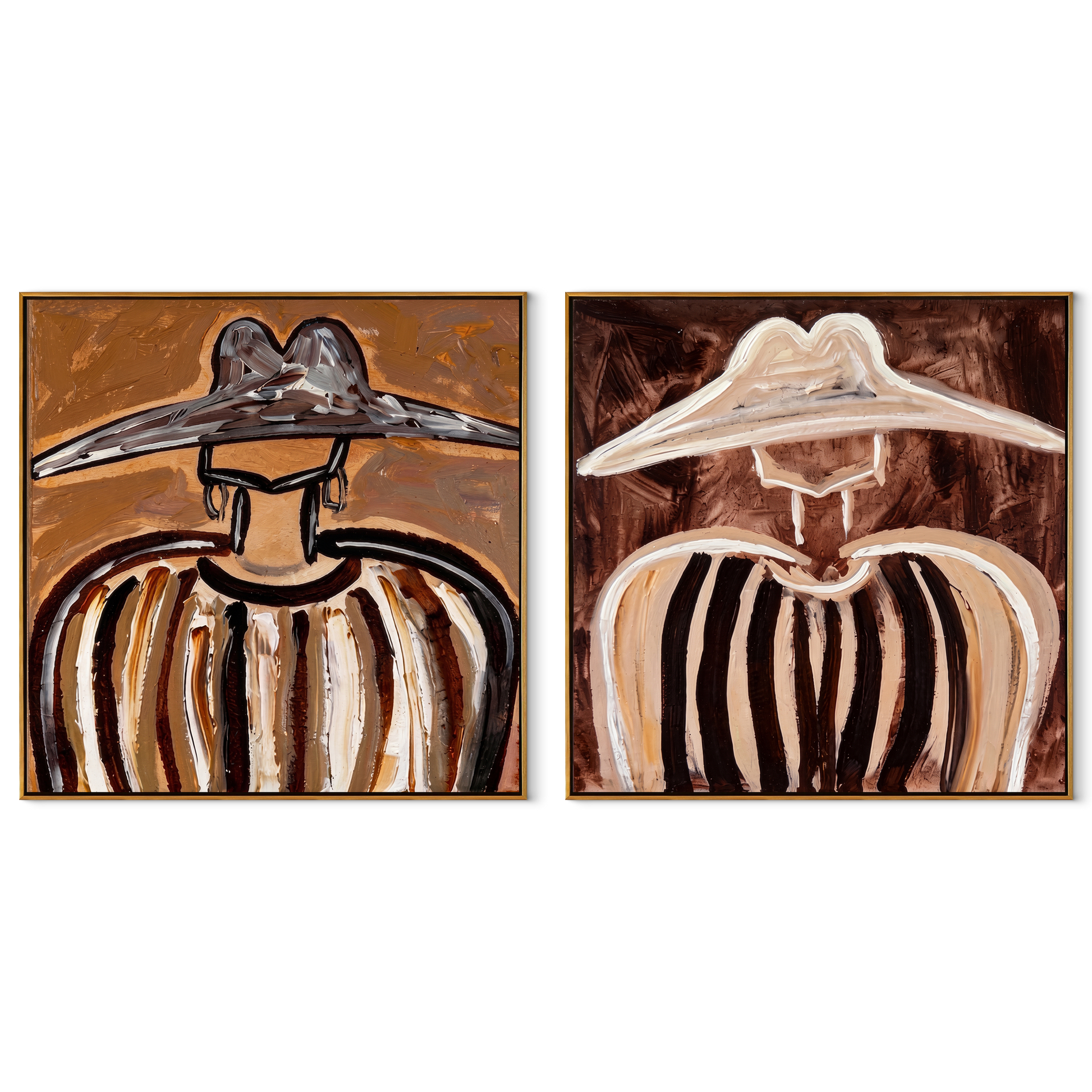 Dark Brims Mirror Linen - earthy sombrero portrait by Elliot Vale, modern figurative set of 2 wall art - complete two-panel artwork set on white background
