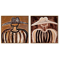 Dark Brims Mirror Linen - earthy sombrero portrait by Elliot Vale, modern figurative set of 2 wall art - complete two-panel artwork set on white background