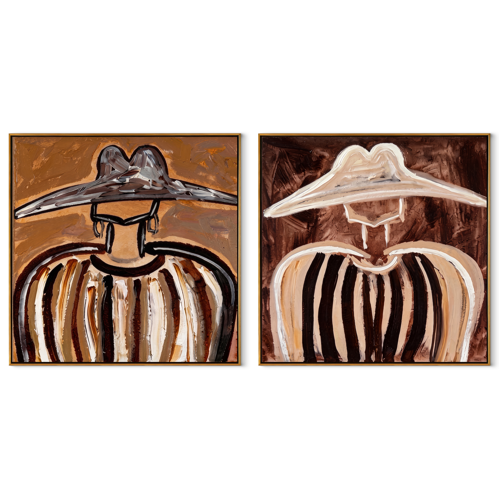 Dark Brims Mirror Linen - earthy sombrero portrait by Elliot Vale, modern figurative set of 2 wall art - complete two-panel artwork set on white background
