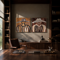 Dark Brims Mirror Linen - earthy sombrero portrait by Elliot Vale, modern figurative set of 2 wall art - styled room scene view 2