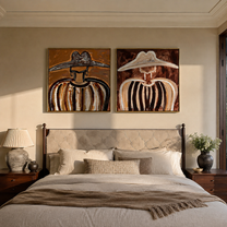 Dark Brims Mirror Linen - earthy sombrero portrait by Elliot Vale, modern figurative set of 2 wall art - styled room scene view 3