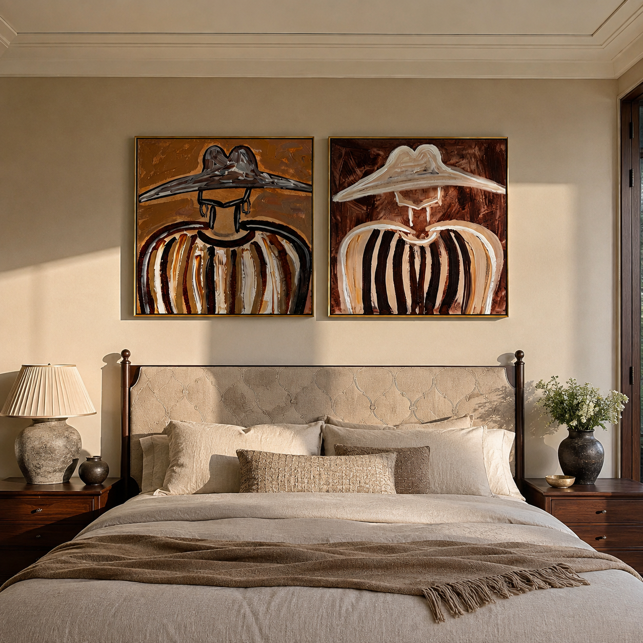 Dark Brims Mirror Linen - earthy sombrero portrait by Elliot Vale, modern figurative set of 2 wall art - styled room scene view 3