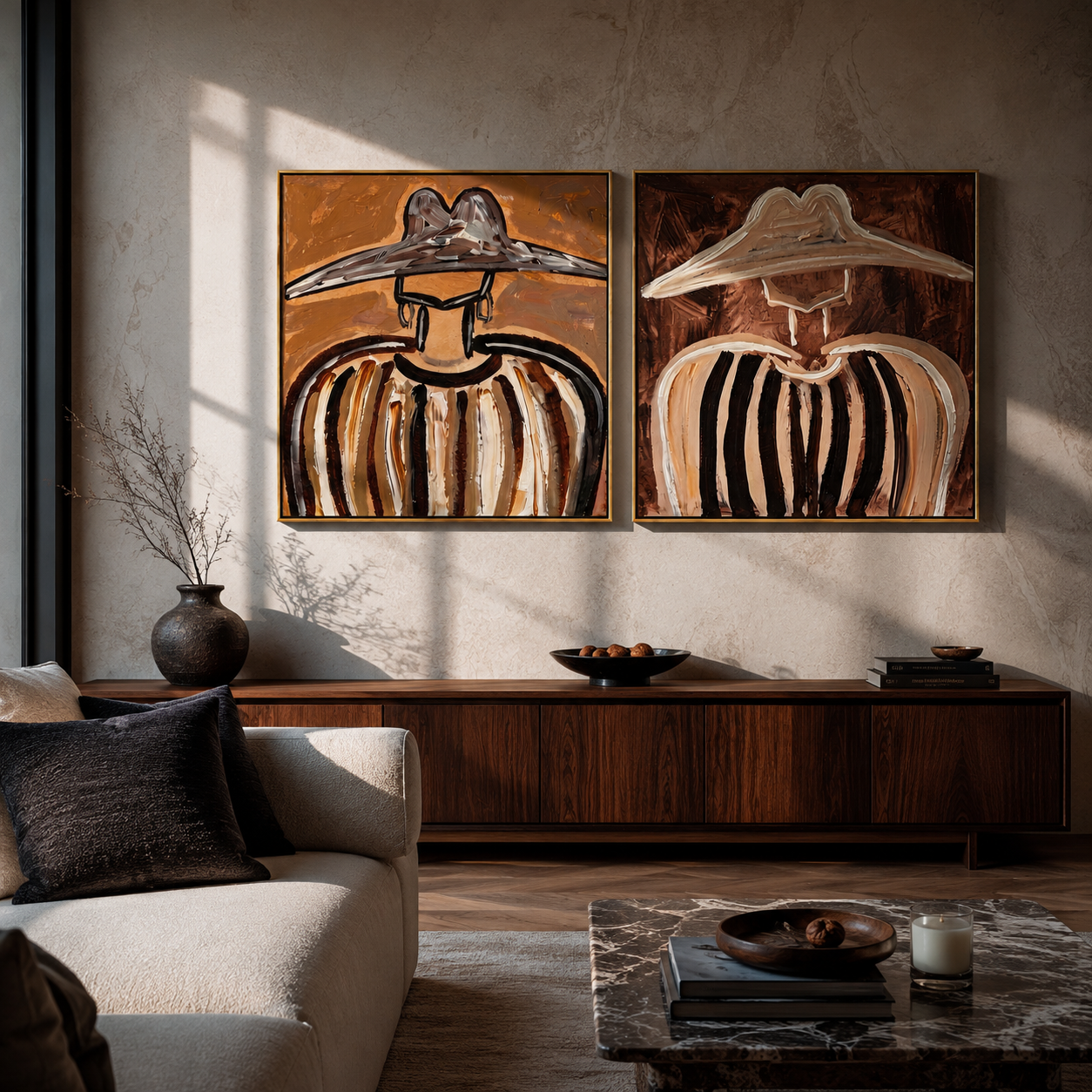 Dark Brims Mirror Linen - earthy sombrero portrait by Elliot Vale, modern figurative set of 2 wall art - styled room scene view 5
