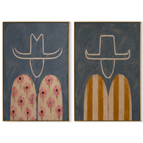 Flowers Answer Golden Stripes - floral Western figure by Elliot Vale, modern figurative set of 2 wall art - complete two-panel artwork set on white background