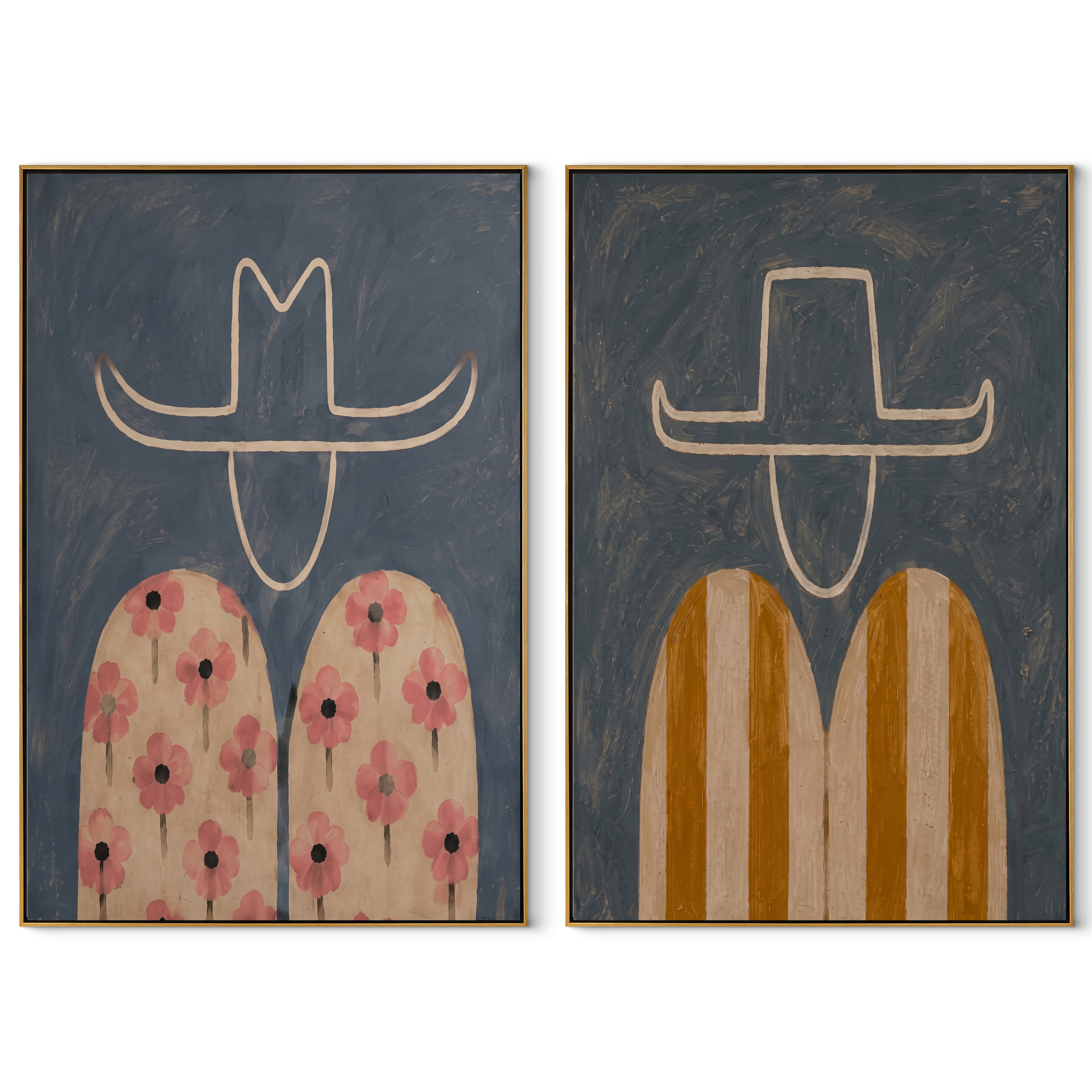 Flowers Answer Golden Stripes - floral Western figure by Elliot Vale, modern figurative set of 2 wall art - complete two-panel artwork set on white background
