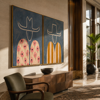 Flowers Answer Golden Stripes - floral Western figure by Elliot Vale, modern figurative set of 2 wall art - styled room scene view 2