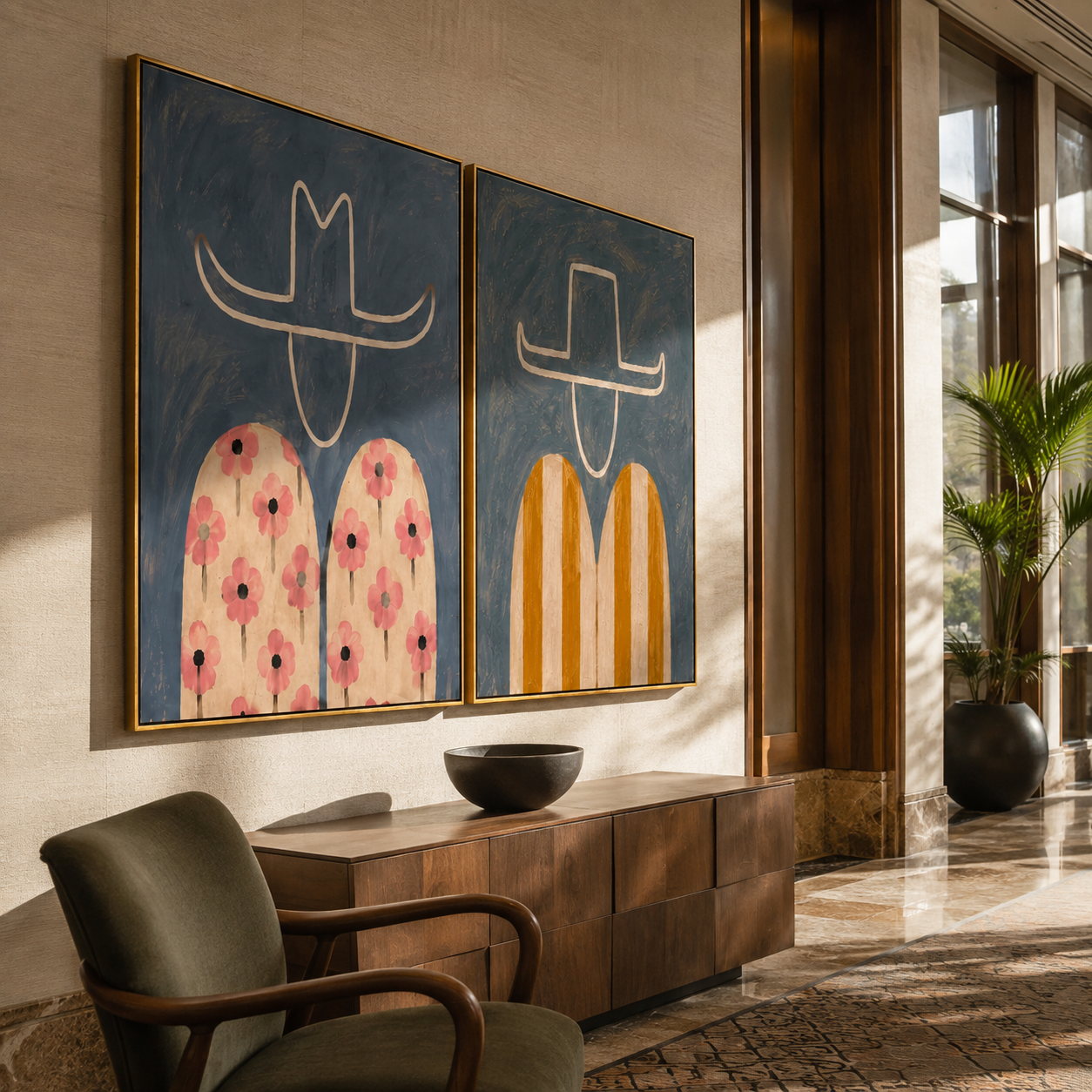 Flowers Answer Golden Stripes - floral Western figure by Elliot Vale, modern figurative set of 2 wall art - styled room scene view 2